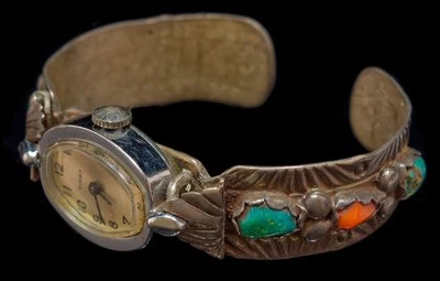 Correa de reloj Timex vintage de plata esterlina turquesa y coral Foto 1 de 4