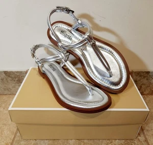 Michael Kors | Astra Silver Leather Thong Flat Sandals Size 5.5 M NEW IN BOX! ✨️ - Picture 1 of 9