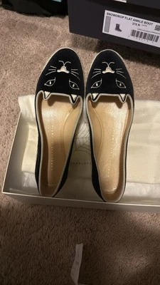 CHARLOTTE OLYMPIA women shoes Black Capri Cats espadrillas flat gold Kitty size6 - Image 1 of 4