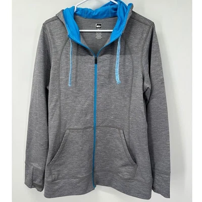 REI Mujer XL Gris Azul Cremallera Completa Sudadera con Capucha Chaqueta Elastizada Correr Ropa Activa Foto 1 de 4