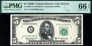 1950D $5 Boston Federal Reserve Note FRN • 1965-A • PMG 66 EPQ - Only 1 Finer - Picture 1 of 2