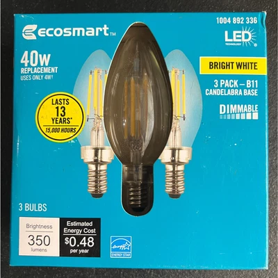 3pk Ecosmart 40W LED Light Bulb B11 Dimmable Clear Glass Bright White Chandelier - Image 1 of 4