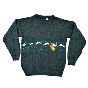 Mens Italian Wool Blend Sweater XL Gray Embroidered Elk Mountains Grandpa VTG - Picture 1 of 8