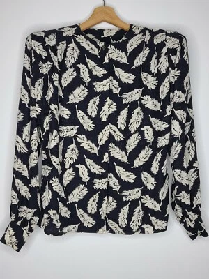 Blusa de mujer vintage años 80 seda negra blanca estampado de plumas cuadrada talla grande 4 Foto 1 de 4