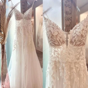 Bohemian V Neck Wedding Dresses with Straps Lace Appliques A Line Bridal Gowns - Picture 1 of 11