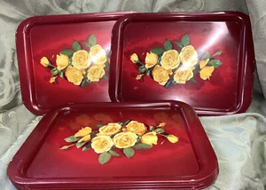 Tin Metal Serving /Lap Tray Red with Yellow roses floral design (5) - Picture 1 of 11
