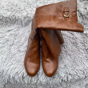 Kohls Womens Brown Boots Knee High Wedges Zipper Buckle Cognac Size 9 Comfort - Picture 1 of 19