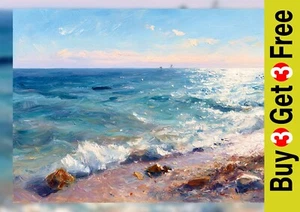Sparkling Sea Shore Scene 5"x7" Print on Matte Paper | Peaceful Coastal Painting - Picture 1 of 17