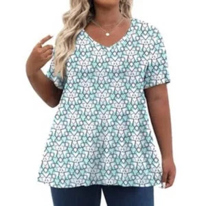 Aqua Geometric Print V Neck Plus Size Top, Short Sleeve Women's Top, Casual T-Sh - Picture 1 of 6