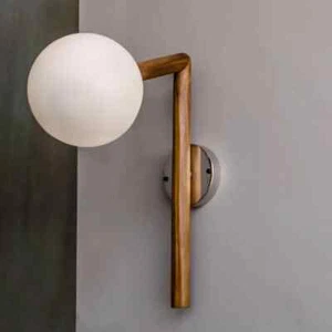 Glass TEAK WOOD WALL SCONCE FROSTED GLASS FIXTURE home decor - Picture 1 of 5