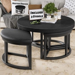30 Inch Round Coffee Table with Stools - Black Modern Tables for Living Room ... - Picture 1 of 8
