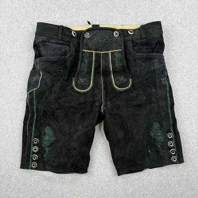 Pantalones Cortos Bávaros Lederhosen Para Hombre 36 Cuero Negro Gamuza Punto Verde Oktoberfest Foto 1 de 4