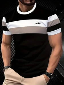 Summer Classic Men's T-shirt Outdoor Round Neck Short Sleeve Top Stripe Print St - Picture 1 of 21