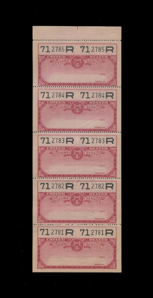 U.S. REVENUE STAMP- BAGGAGE INSPECTION BOOKLET PANE OF 5 - F-VF, NH - Image 1 of 2