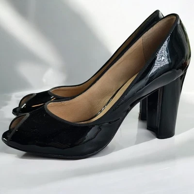 Boutique 9 Black Patent Leather Peep Toe Chunky Heel Pumps Women's 9.5, Brazil - Image 1 of 4
