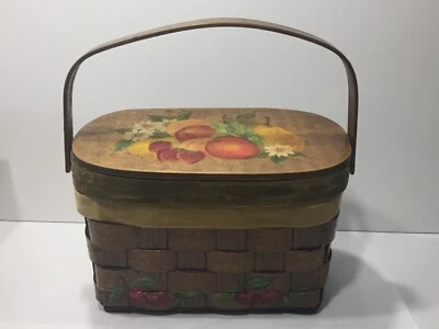 Vintage Brown Wooden Box Purse Lattice Hinged Top Hand Painted Fruit Flowers - Image 1 of 4