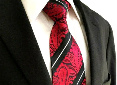 Cravatta Da Uomo Designer Bordeaux E Nera Bianca Paisley E Strisce In Seta - Immagine 1 di 4