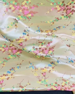 1 METER LIGHT BEIGE BLOSSOM CHINESE ORIENTAL EMBROIDERED BROCADE FABRIC 46” WIDE - Picture 1 of 8
