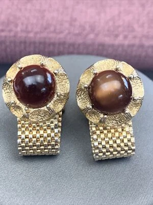 Cufflinks Brown Moonglow Cabochon Wrap Around Gold Tone Chunky Vintage - Image 1 of 4