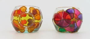 Stained Glass Votive Candle Holder Hand Painted Set of 2 Gold Glitter 2.25" tall - Picture 1 of 10