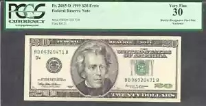 $20 1999 FRN, Fr. 2086-D Elusive Engraving Error District Designator PCGS VF 30 - Picture 1 of 3