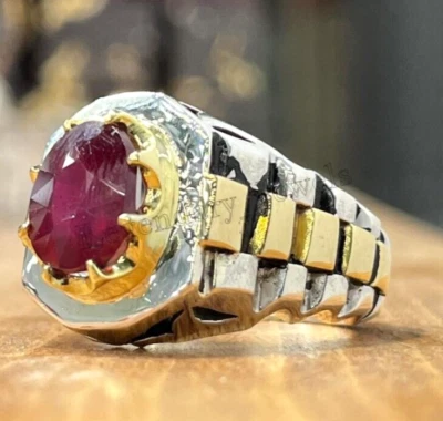 Anillo de piedras preciosas de rubí natural para hombre con anillo de corte ovalado enchapado en plata 925 Foto 1 de 4