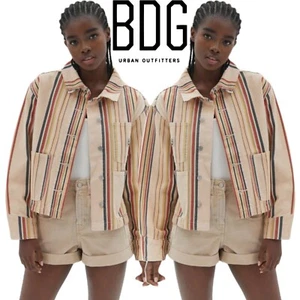 BDG Lucia Striped Chore Jacket Cropped Utility Neutrals Pockets 100% Cotton Sz M - Picture 1 of 16