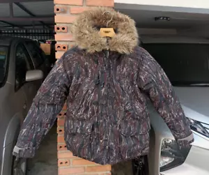 Johnbull Japan Green Camouflage Women Puffer Fur Hood Jacket Sz F / Fits M - Picture 1 of 24