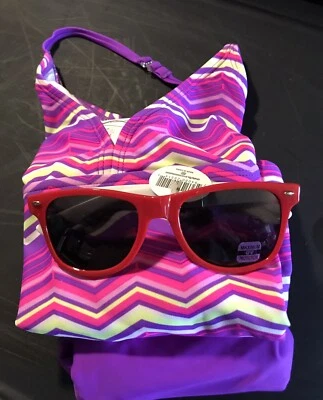 OP-Talla 10-12-Traje de baño-2 piezas Tankini con Gafas-Rayas Rosa y Púrpura-Nuevo Foto 1 de 4