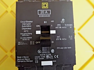 Square D EGB34020 Molded Case Circuit Breaker Bold On, 20Amp, 3 Pole. 480Volt - Picture 1 of 9