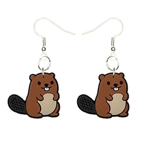 Beaver Earrings Handmade Hypoallergenic Silver Plated Fishhooks - Picture 1 of 5