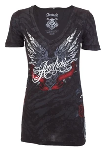 Archaic Affliction Women's T-Shirt Short Sleeve BIG LOVE Wings Heart Biker Black - Picture 1 of 9