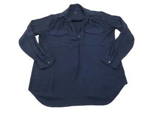 Ann Taylor Blouse Top Womens Medium Navy Solid Detail Pockets Long Sleeve Collar - Picture 1 of 11