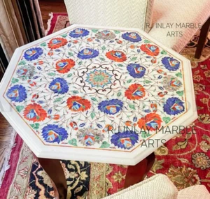 Marble Inlay Table Top Floral Design Semi Precious Stone Inlaid With Wood Stand - Picture 1 of 11