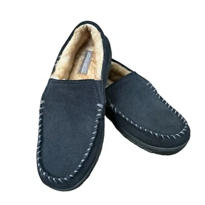 Eddie Bauer Suede Moccasin Slippers Men M (8-9) Memory Foam Navy Blue Cozy Shoes - Picture 1 of 16