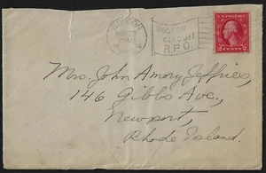 US 1914 RPO BOSTON TYING 2¢ WASHINGTON ROTARY STAMP VARIETY WITH GASH ON CHIN O - Picture 1 of 1