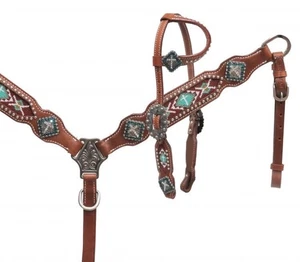 Teal/ brown beaded PONY Western breast collar/headstall/rein set w/cross conchos - Picture 1 of 2