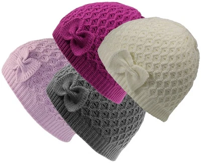 FIEBIG gestrickte Mädchen Mütze in 3 Farben mit Schleife Mütze Mützen