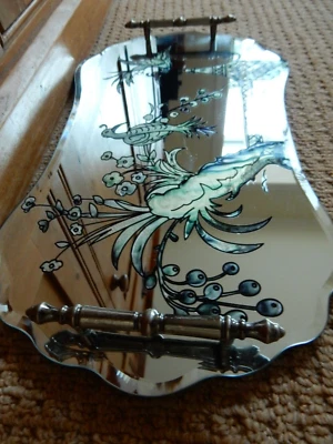 Vintage MIRROR Glass Tray Serving Drinks TROPICAL BIRDS Bevelled Edge 16 x 9" - Image 1 of 4