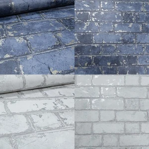 Metallic Wallpaper White Navy Silver Gold Brick Stone Feature Rustic Effect - Picture 1 of 15
