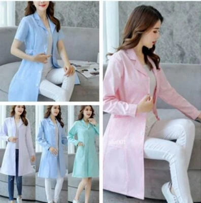 Womens Nurse Dress Female Doctor Beautician Lab Long Coat Work Clothes 4Colors - Image 1 of 4