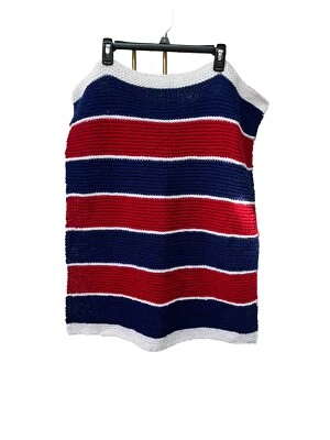 Baby Crochet Knit Handmade Blanket Striped Red White Blue 26x32 Soft Banded - Image 1 of 4