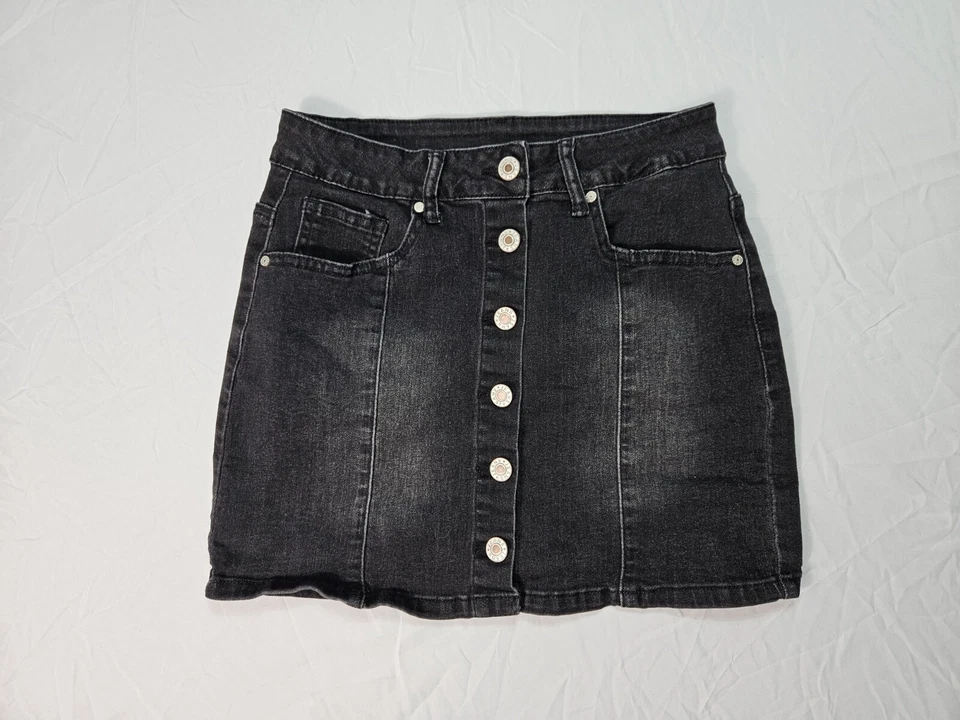 Black Denim Girls Button Up Mini Skirt Youth Size Small - Image 1 of 4