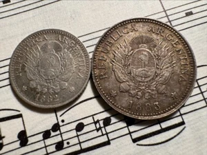ARGENTINA 10 + 20 centavos 1882 1883 KM1+2 Ag.900 HIGH grade NICE & SCARCE PAIR! - Picture 1 of 2