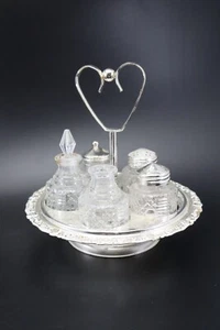 Condiment Stand Caddy Silver Color Metal Lazy Susan Glass Containers - Picture 1 of 12