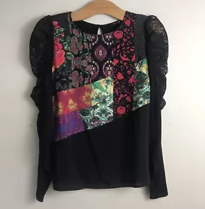 Desigual Black patchwork top Small Long Puff lace sleeves Quirky - Picture 1 of 5