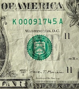 2017A $1 bill fancy serial, zip code date note Sept 17, 1945 Hacienda Heights CA - Picture 1 of 3