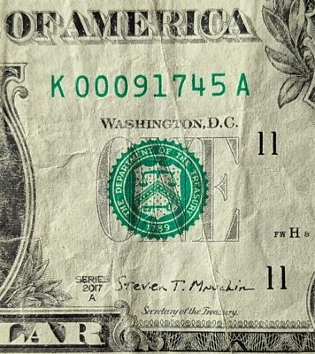 2017A $1 bill fancy serial, zip code date note Sept 17, 1945 Hacienda Heights CA - Image 1 of 3