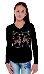 Merry Christmas Bling Bling Reindeer Rhinestone T-Shirt Long Sleeve Girls 10~12 - Imagen 1 de 2