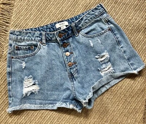 FOREVER 21 High Rise Button Fly Blue Denim Cut-Off Jean Shorts Women's Size 28 - Picture 1 of 4